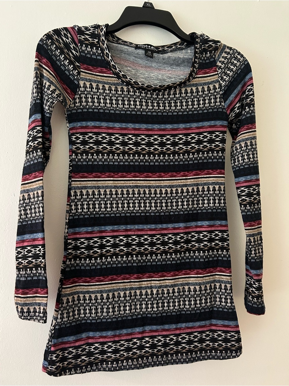 About A Girl Black Aztec-Patterned Long Sleeve Tee with Pink & Blue Stripes